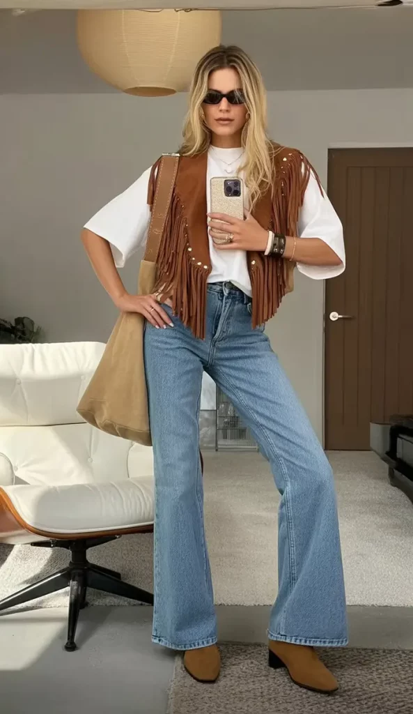 Retro denim and fringe outfit