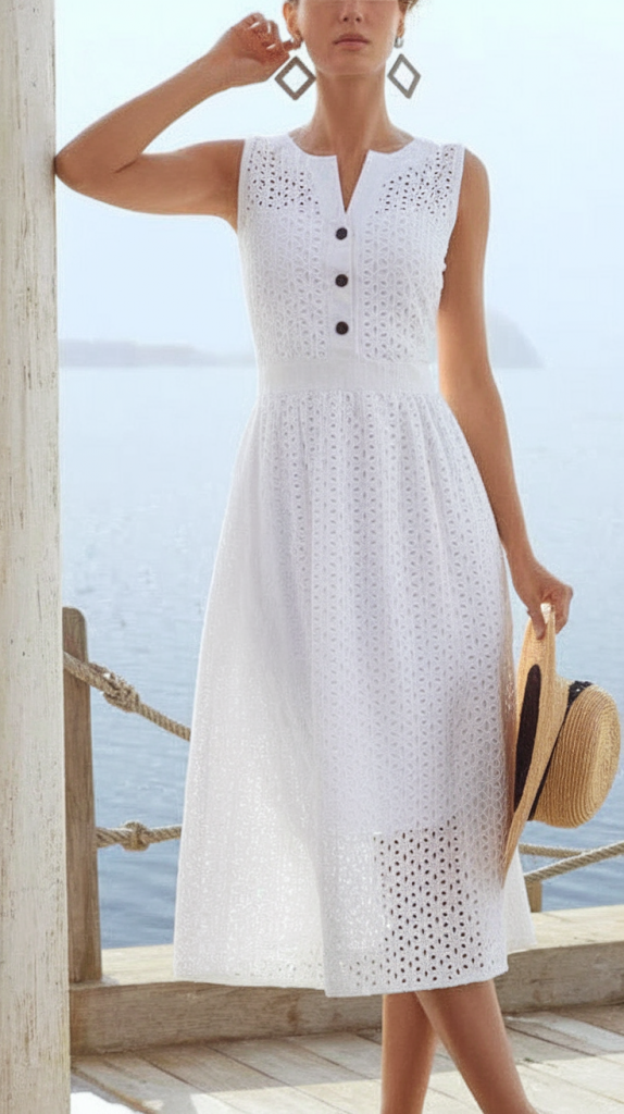 Classic white midi dress with button accents