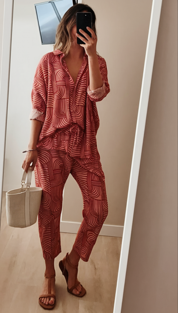 Warm-toned printed co-ord set on vacation