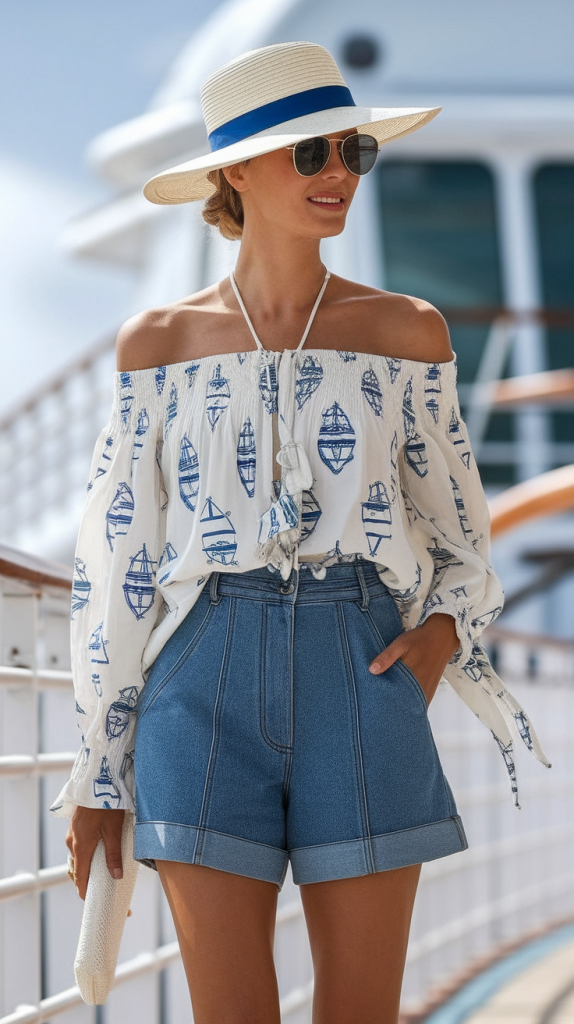 Nautical beach outfit with off-shoulder blouse and denim shorts