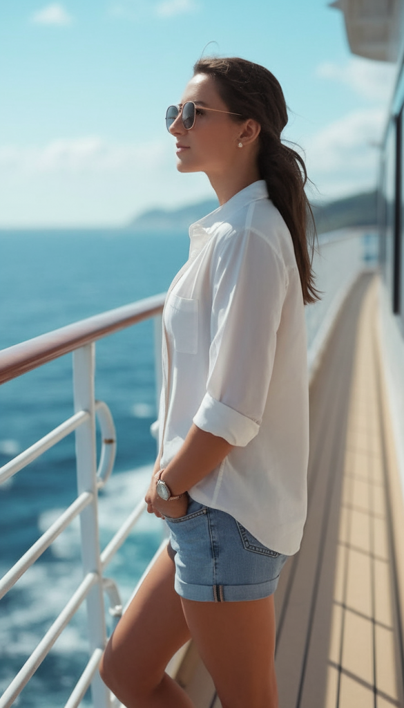 Oversized white shirt with denim shorts for vacation