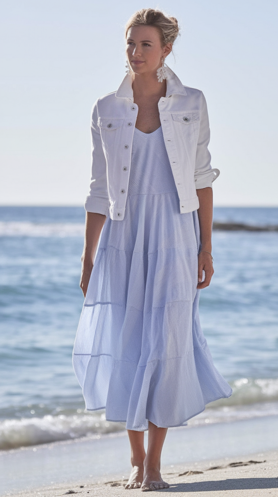 Pastel blue maxi dress with white denim jacket