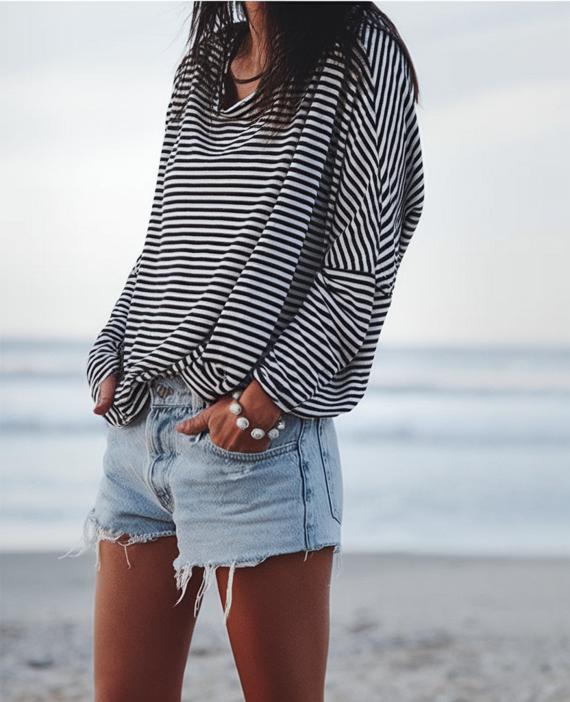 Coastal striped sweater with denim shorts and shell bracelet