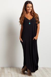 ... black solid short sleeve maxi dress ... MULYNWX