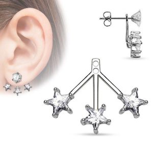 ... rhodium plated brass three stars earring jacket w/ star cut czs KIJCORQ