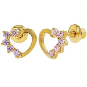 18k gold plated pink heart screw back baby girls earrings KMNGPFM