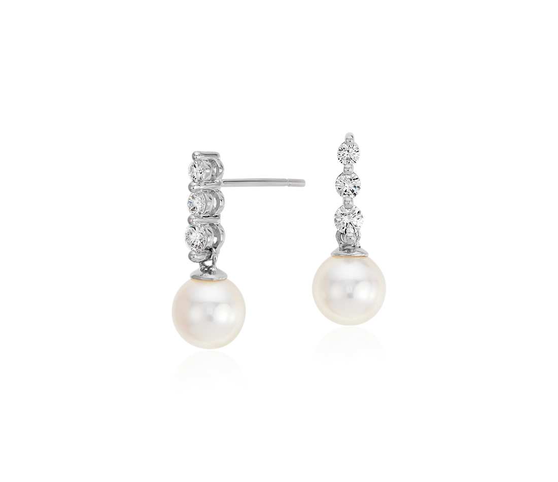 akoya cultured pearl and diamond drop earrings in 18k white gold (6.5mm) NYEYUZF