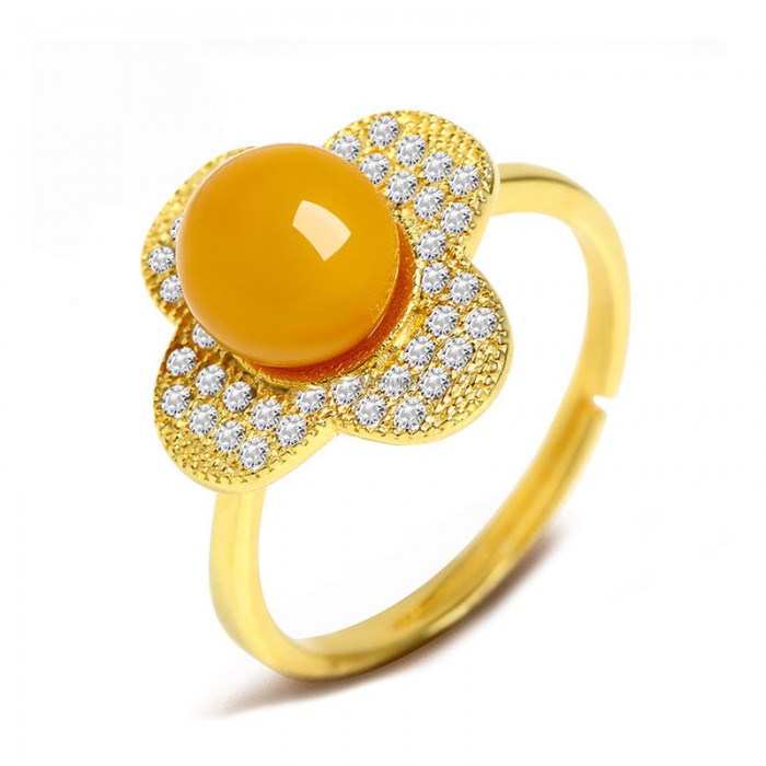 amber jewelry s925 yellow amber flower ring TBEQVQS