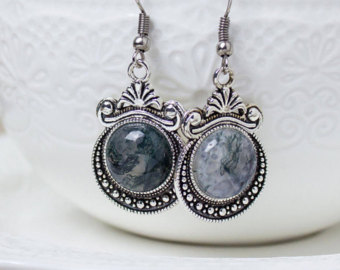 antique earrings agate earrings, grey earrings, aquatic agate, victorian earrings, antique  earrings, silver YKOIKSL