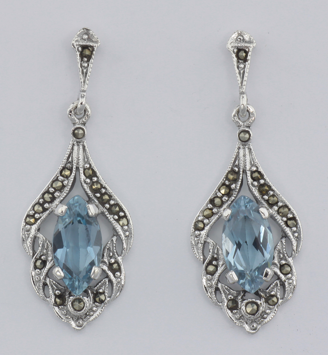 antique style blue topaz marcasite earrings sterling silver SXTVELL