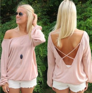 backless shirts pink plain backless cross back long sleeve sexy t-shirt PUEMFRS