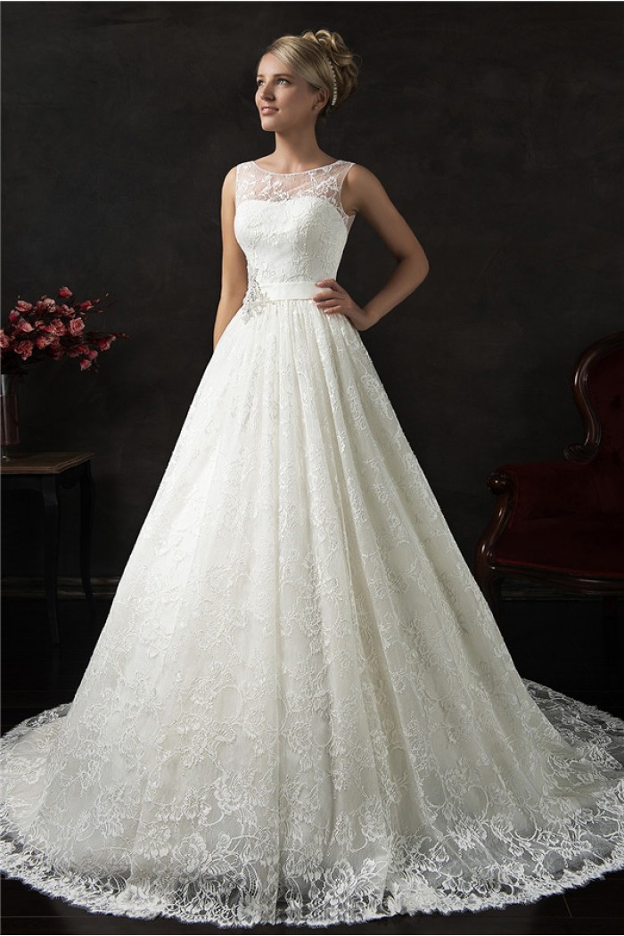 ball gown bateau neck v back vintage lace wedding dress with sash GWDJWSF