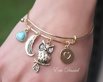 bangle bracelets with charms owl theme charm bangle, available in silver and gold, owl bangle, owl EUAIEMV