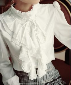 best women white black satin chiffon ruffle blouse long sleeve ruffle  collar bow LFLNZRG