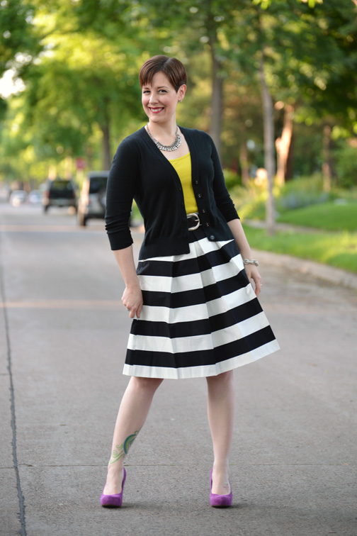 black and white skirt already pretty outfit featuring black cardigan, chartreuse tank, black and  white striped skirt, RUFYVFQ
