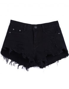 black denim shorts black buttons ripped fringe denim shorts -shein(sheinside) YUHFMXT