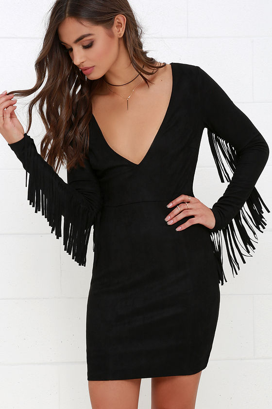 black dress - long sleeve dress - suede dress - fringe dress - $68.00 PGVHRXY