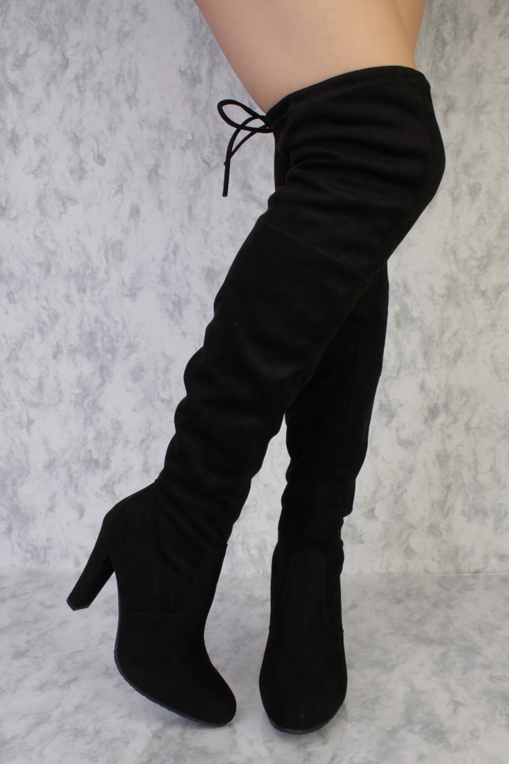 black heel boots black round pointy toe thigh high single sole high heel boots faux suede RIMUDFD