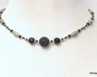 black onyx jewelry, black onyx necklace, choker necklace, carved black onyx NDFJXBD