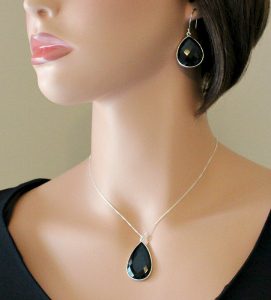 black onyx jewelry set, 925 sterling silver necklace earring set, jet YLCBOVY