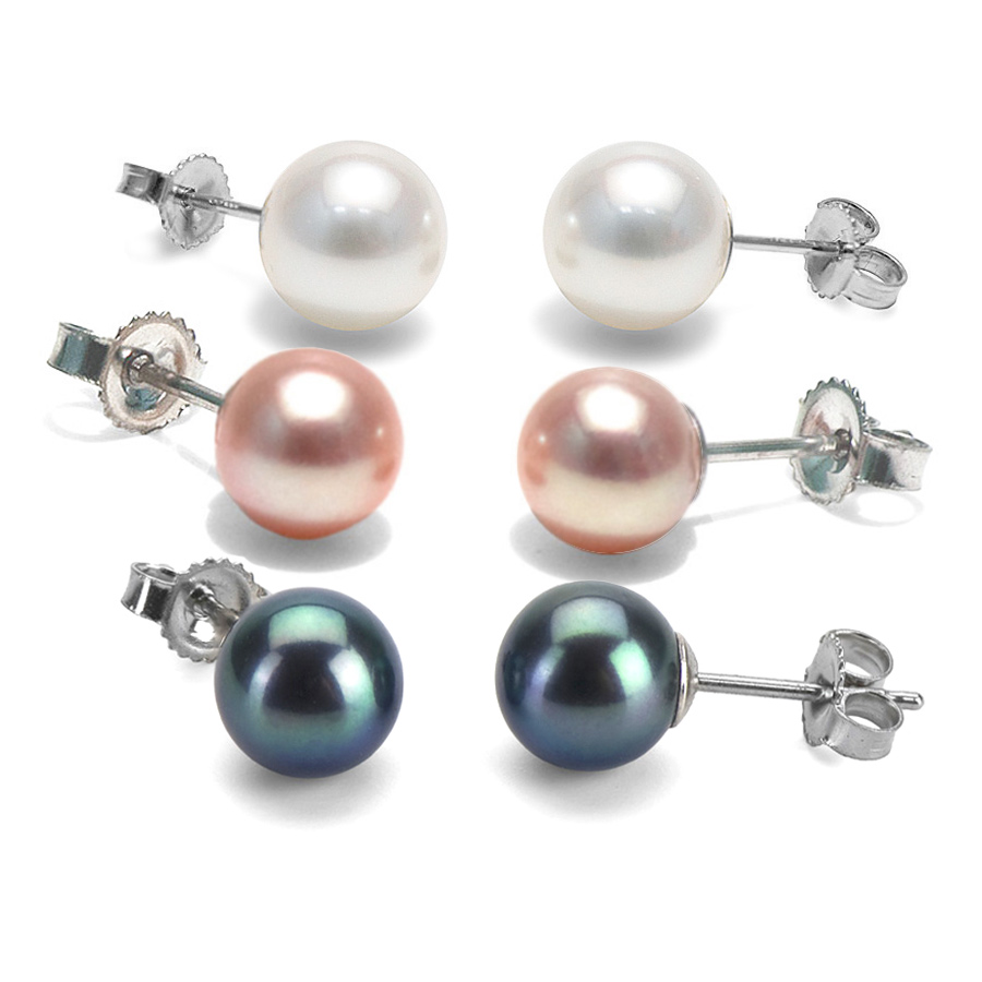 black pearl earrings white, pink and black freshwater pearl stud earring set, 7.5-8.0mm,  sterling AZFCOLM