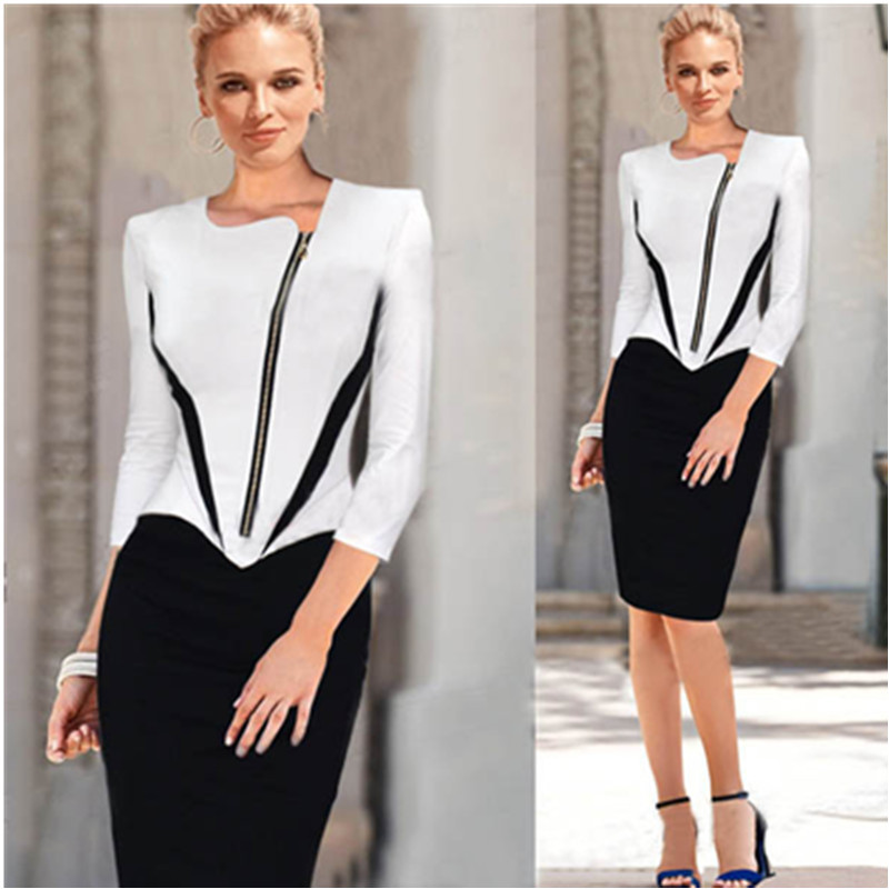 black white patchwork zipper front ladies dresses women career dresses  elegant business work XEUOQAO