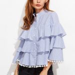blue and white striped pom pom trim layered ruffle blouse RYZTBNJ