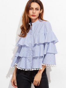 blue and white striped pom pom trim layered ruffle blouse RYZTBNJ