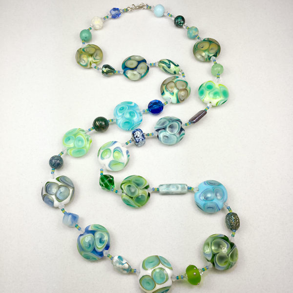 blue green and aqua lampwork glass lentil bead and vintage glass necklace JAMMRQP