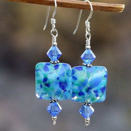 blue lampwork handmade earrings swarovski ooak jewelry | shadowdogdesigns  artfire gallery GJRAIET