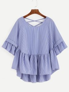 blue striped criss cross back ruffle blouse -shein(sheinside) AQMDYHF