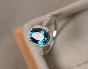 blue topaz rings london blue topaz ring, oval gemstone, sterling silver halo ring,  engagement GURIXIY