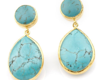 blue turquoise earrings made with silver coated 18k gold, big long turquoise, PHLDKTC