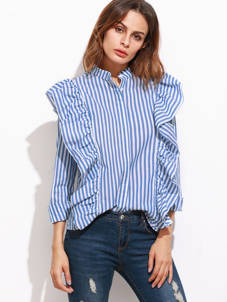 blue vertical striped hidden button ruffle blouse FGLSAPN