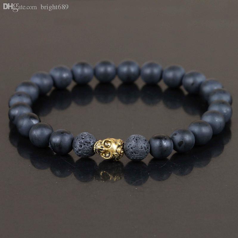 bracelet beads wholesale mens matte black agate beads bracelet,golden skull bracelet  jewelry,black lava SDTLYLU