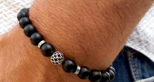 bracelets for men mens birthday gift, man black beaded bracelet, silver leaf charm,  balancing, KEPANFD