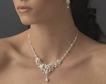 bridal accessories, pearl bridal jewelry, pearl and rhinestone jewelry set,  elegant WXNAMDI