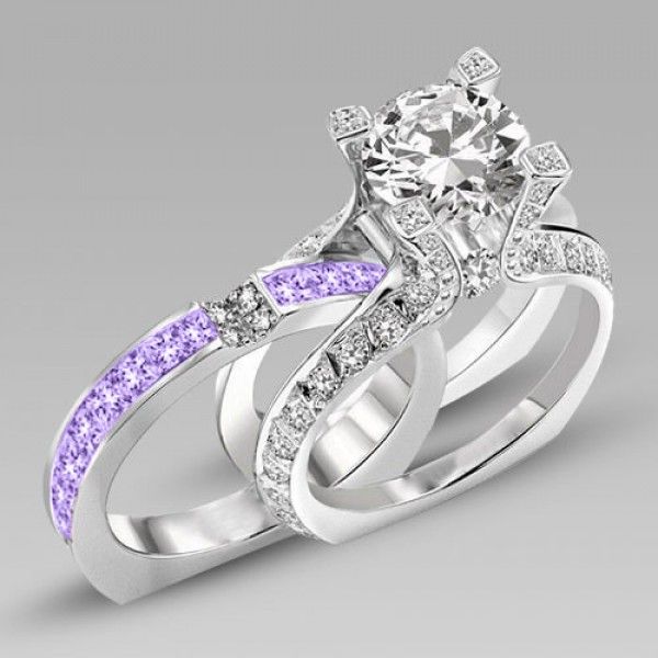 bridal ring sets interchangeable round cut created lilac amethyst wedding set XKTBSUR