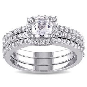 bridal ring sets miadora sterling silver cushion and round-cut created white sapphire halo  3-piece SZHLUQO