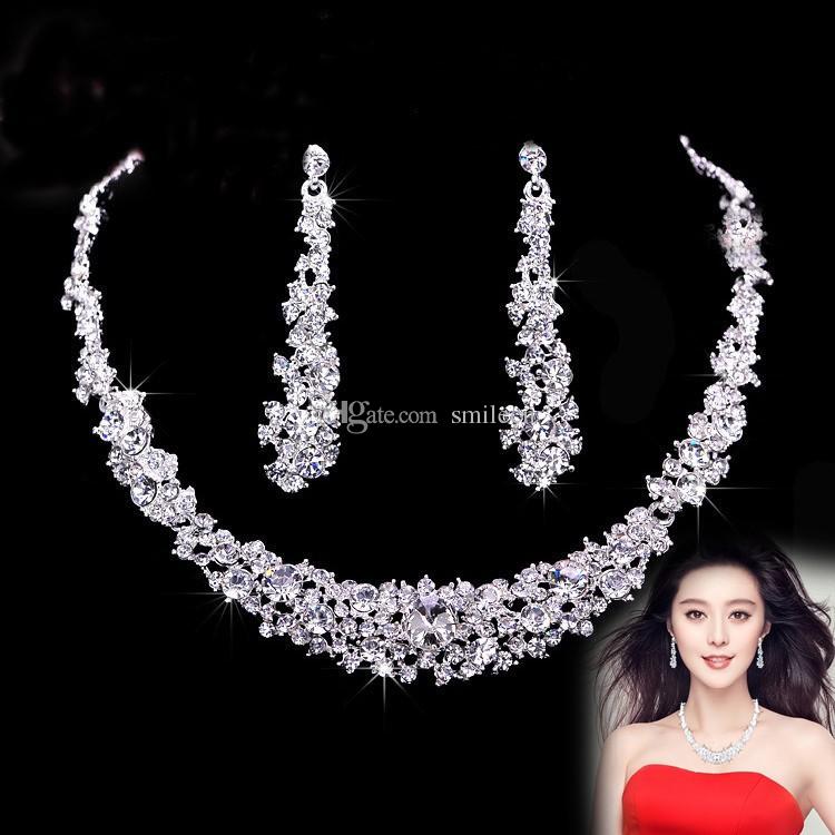 bridesmaid jewellery crystal bridal jewelry set 925 silver plated necklace imitation diamond  earrings VZNLKRF