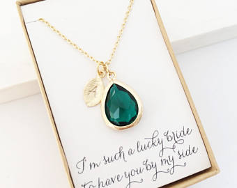 bridesmaid jewellery emerald teardrop initial necklace, personalized necklace, teardrop  necklace, emerald and gold, YBURXAL