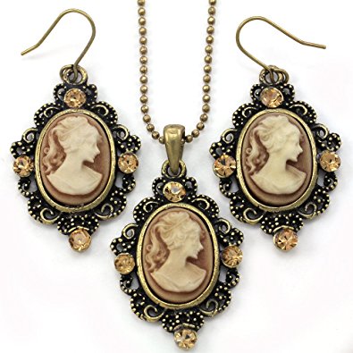 brown cameo necklace fashion jewelry set pendant charm dangle drop earrings PFNAOSP