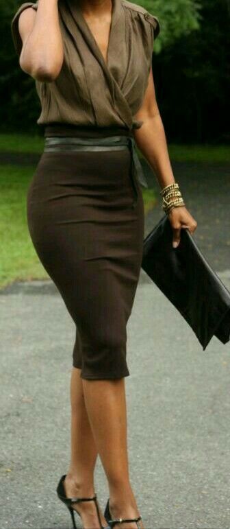 brown pencil skirt elegant skirt outfit, copy this style KGHHFZQ