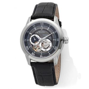 bulova menu0027s dual aperture mechanical leather watch VXDFAEB