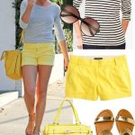 cameron diaz in yellow shorts and a striped top - get the look for IMKWCOO