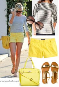 cameron diaz in yellow shorts and a striped top - get the look for IMKWCOO