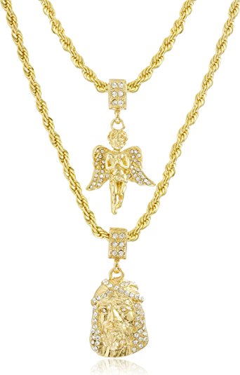 chain pendants double layer necklace with iced out angel u0026 jesus pendants 22-28 inch UECSYEF