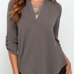 chiffon blouses concise solid color v-neck 3/4 sleeve chiffon blouse for women YLKCVMV