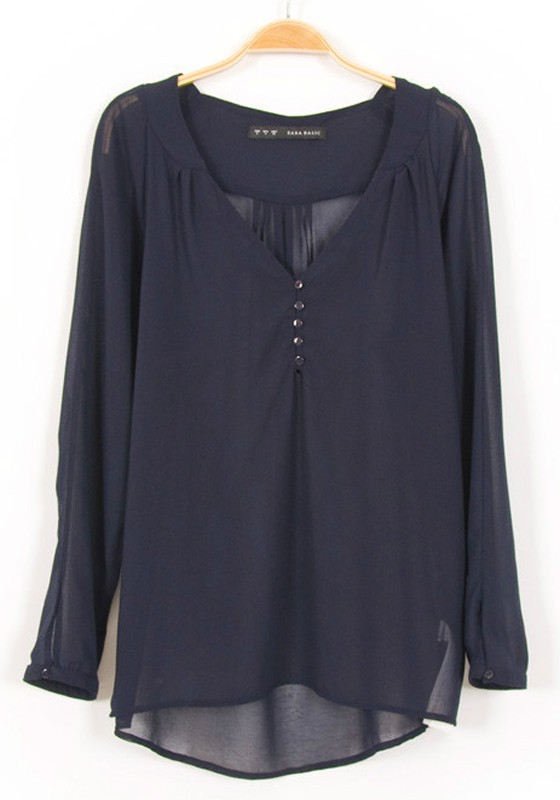 chiffon blouses dark blue plain buttons long sleeve chiffon blouse KXULMUZ