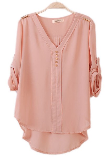 chiffon blouses pink irregular rivet epaulet sevenu0027s sleeve chiffon blouse NWGTKQX